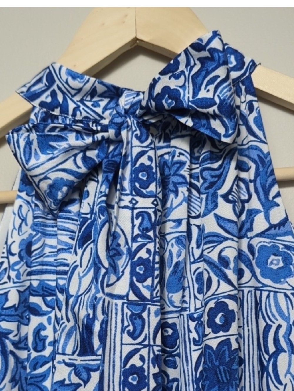 Ann Taylor petite halter maxi dress features blue and white floral print - Picture 6 of 10